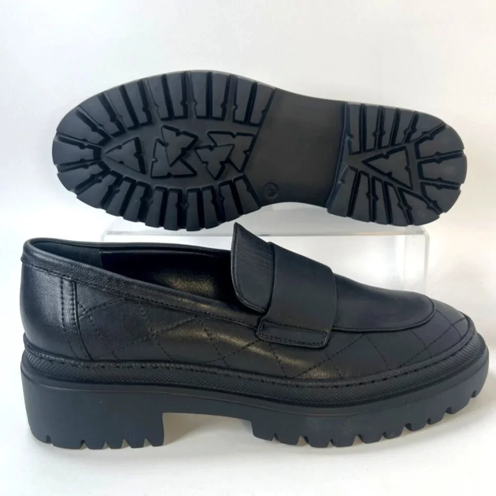 AGL Mary Quilted Leather Loafers Black Chunky Heel Women Size 38